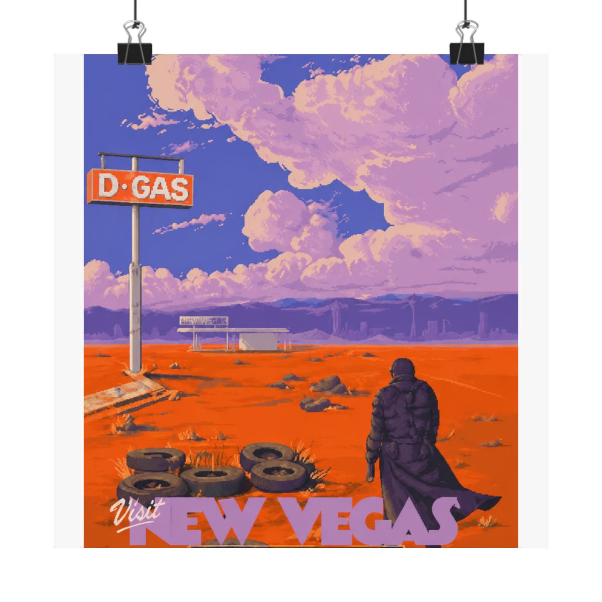 A retro-style travel poster for New Vegas, featuring a lone figure walking towards a distant cityscape. The poster has a bright orange background with a purple sky and clouds. The text "Visit New... - alternate angle 1, merchandise