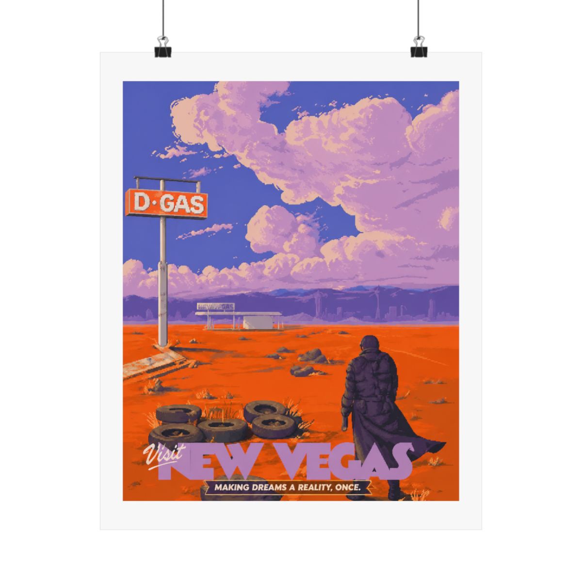 A retro-style travel poster for New Vegas, featuring a lone figure walking towards a distant cityscape. The poster has a bright orange background with a purple sky and clouds. The text "Visit New... - alternate angle 4, merchandise