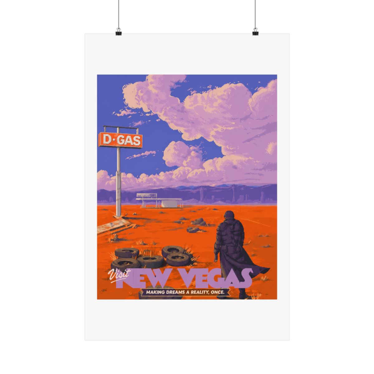 A retro-style travel poster for New Vegas, featuring a lone figure walking towards a distant cityscape. The poster has a bright orange background with a purple sky and clouds. The text "Visit New... - Official Posters & Wall Art merchandise