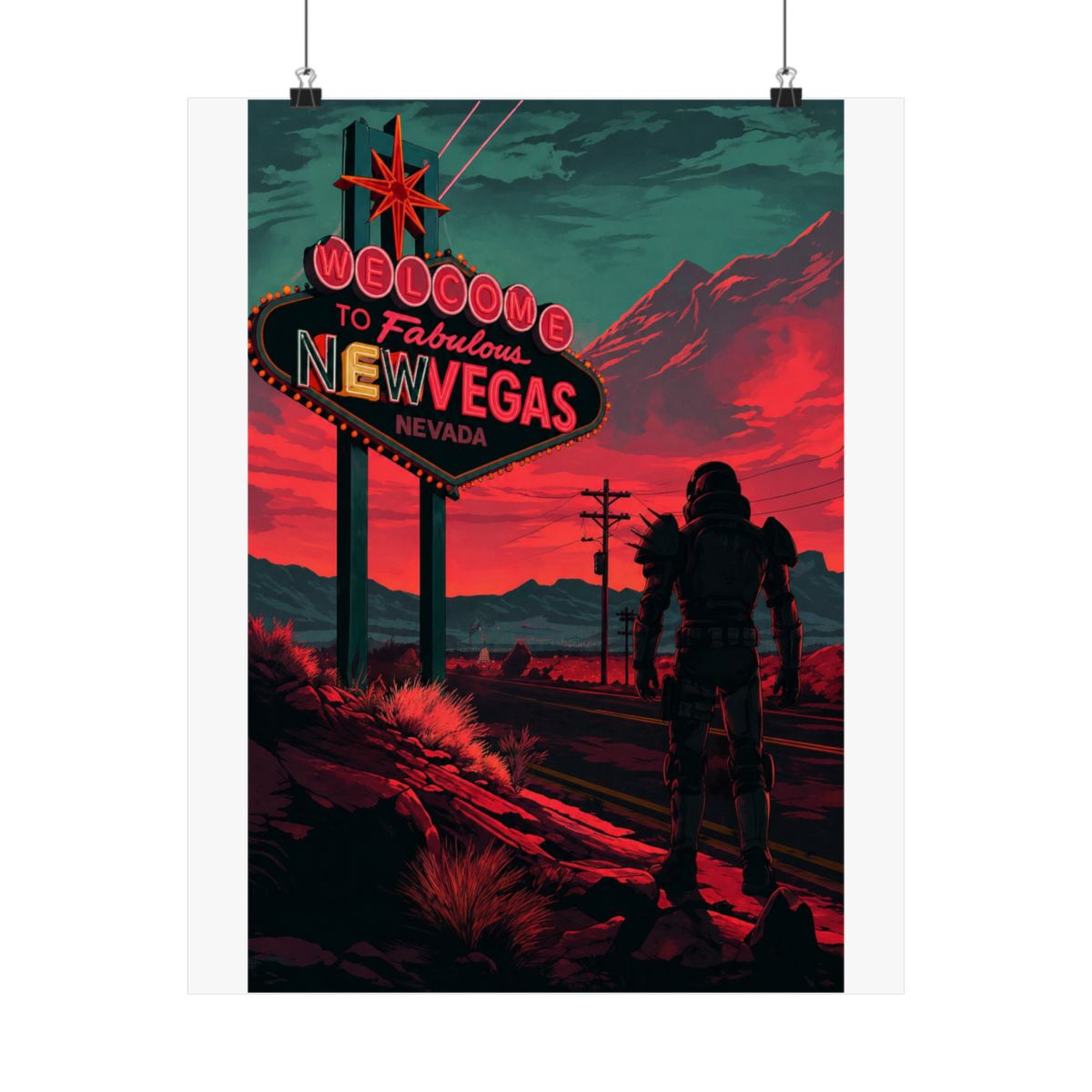 A retro-style poster featuring a neon sign that reads "Welcome to Fabulous New Vegas, Nevada". A lone figure in a futuristic, armoured suit stands in the foreground, facing the sign. The background is... - alternate angle 5, merchandise